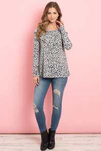 Thumbnail for Riah Fashion - Brushed Hacci Leopard V-Shaped Ruffle Detail Top - 3 COLORS -