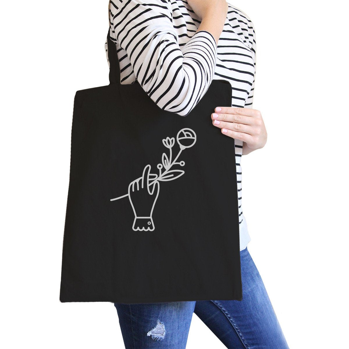 Hand Holding Flower - Black Cotton Canvas Bag School Bag - Craft Bag -