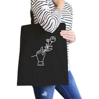 Thumbnail for Hand Holding Flower - Black Cotton Canvas Bag School Bag - Craft Bag -