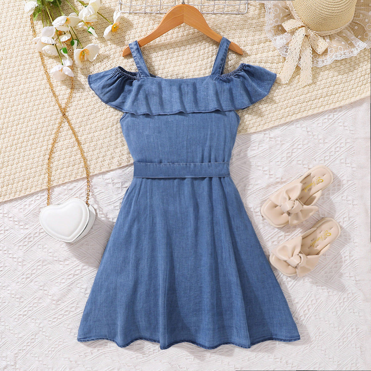 Girls Cold-Shoulder Buttoned Denim Dress - T - 5 SIZES - 1 COLOR -