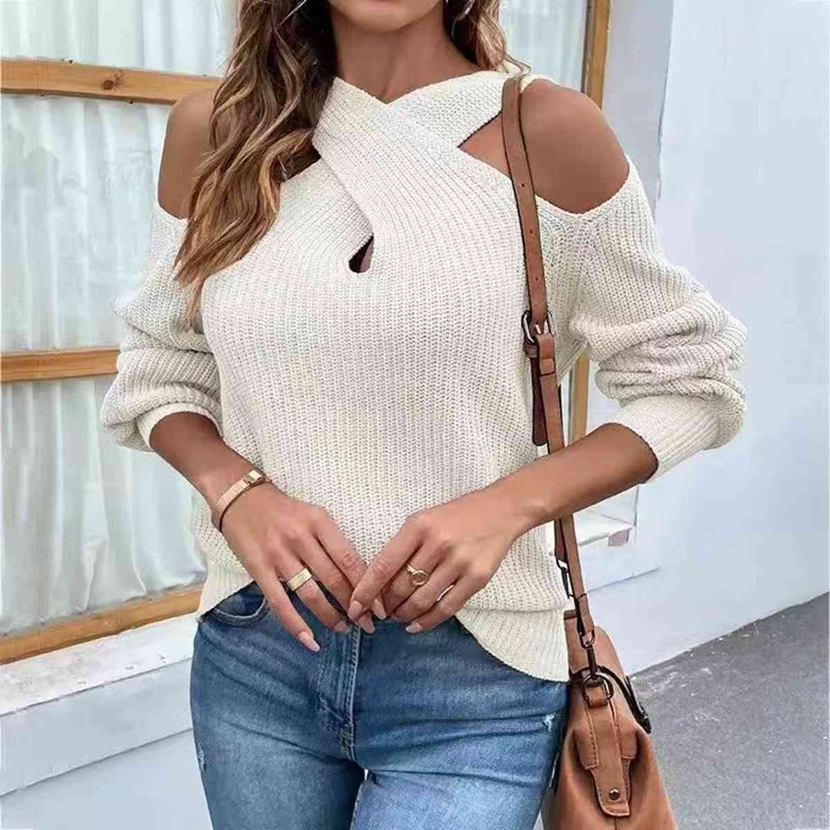 Crisscross Cold-Shoulder Sweater - T - 4 COLORS -