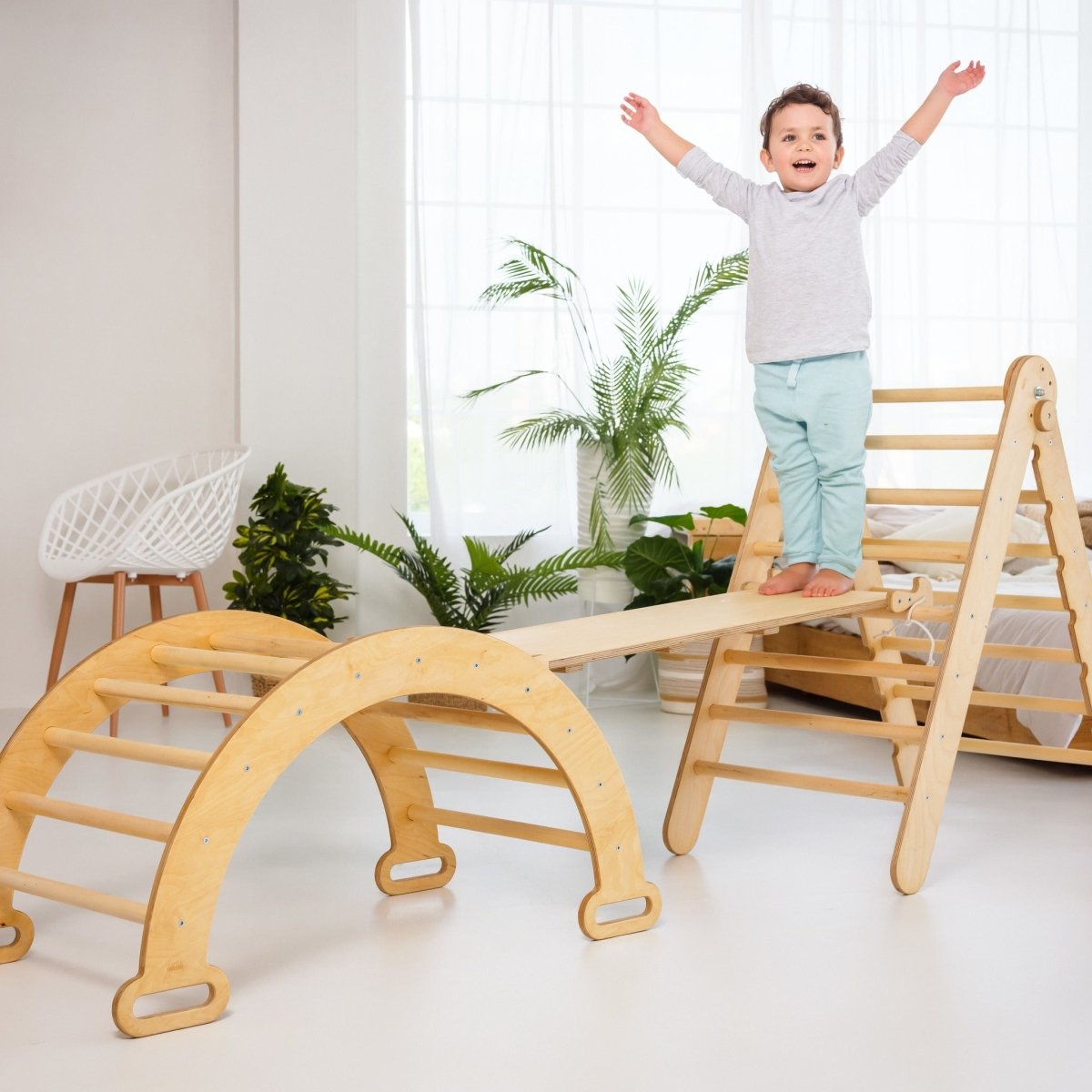 3in1 Montessori Climbing Set: Triangle Ladder + Wooden Arch + Slide Board – Beige NEW