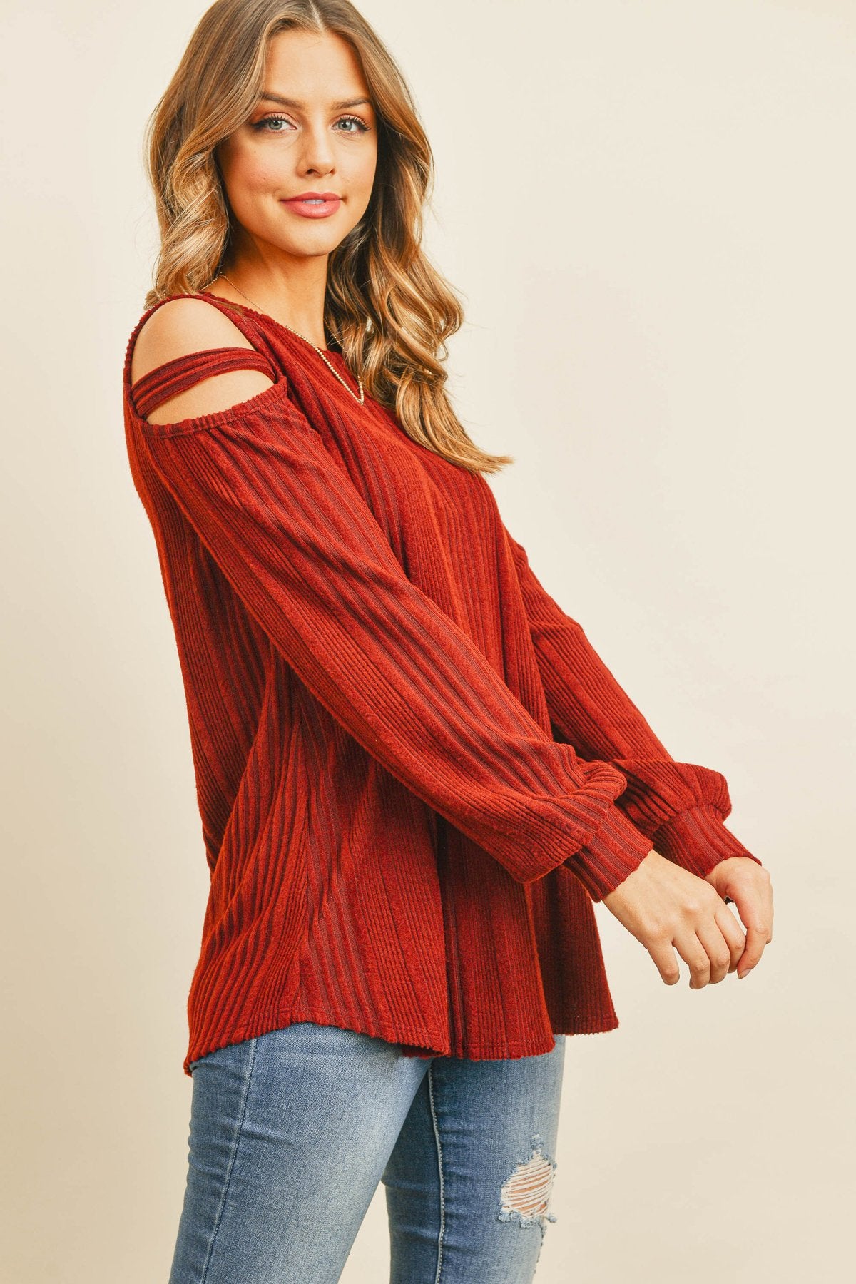 Riah Fashion - Ladder Open Shoulder Long Sleeved Rib Detail Top - 4 COLORS -