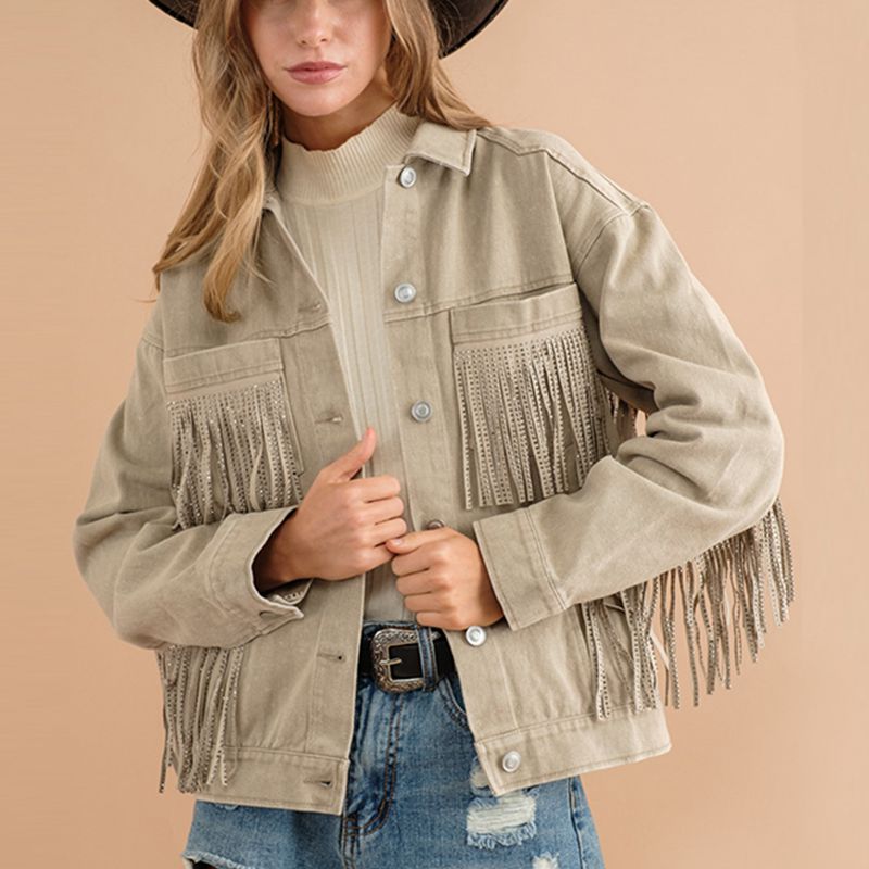 Fringe Detail Dropped Shoulder Denim Jacket - T - 3 COLORS -