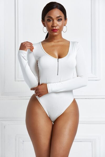 Half Zip Scoop Neck Long Sleeve Bodysuit - T - 10 COLORS -