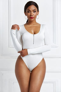 Thumbnail for Half Zip Scoop Neck Long Sleeve Bodysuit - T - 10 COLORS -