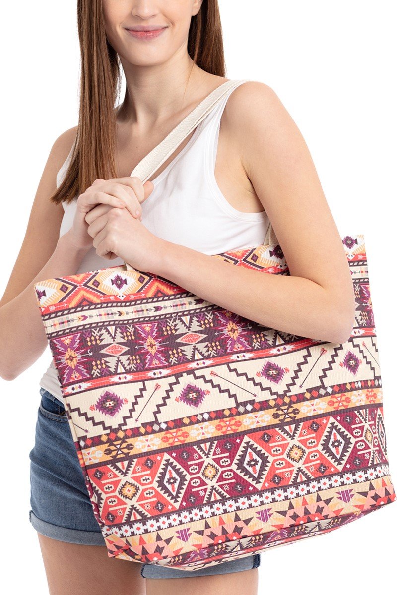 Riah Fashion - Red Bean Aztec Pattern Tote Bag -