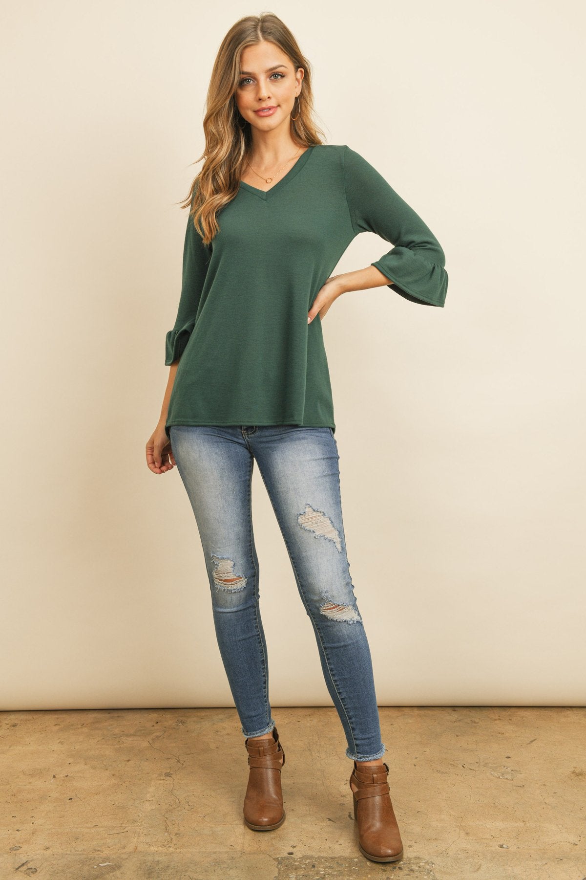 Riah Fashion - Solid Bell Sleeve V-Neck Top - 5 COLORS -