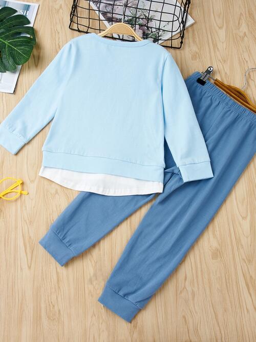 Round Neck Top and Contrast Pants Set - 2 PCS. - T - 2 COLORS -