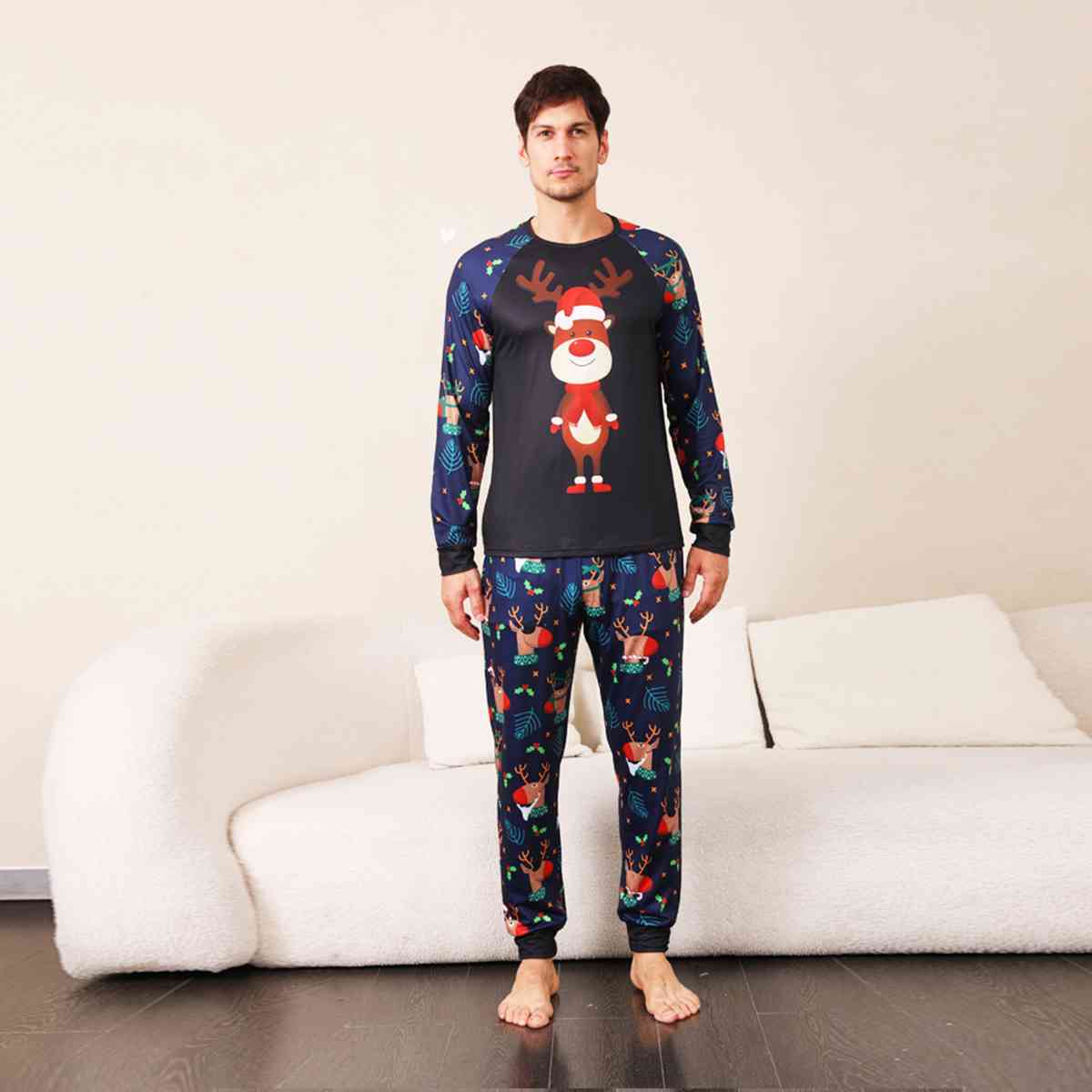 MEN Reindeer Graphic Top and Printed Pants Set - T -