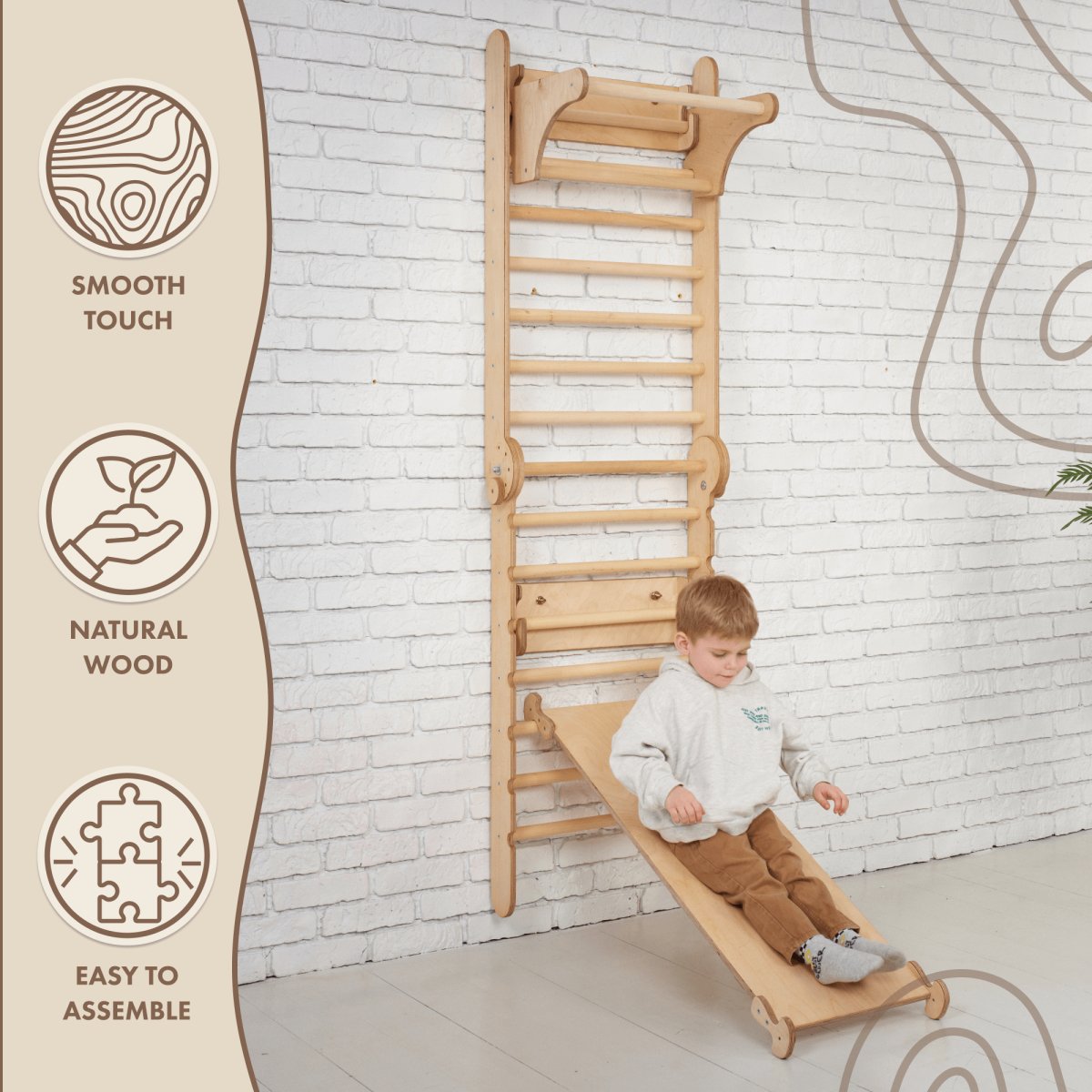 4in1 Climbing Set: Wooden Swedish Wall + Swing Set + Slide Board + Triangle Ladder