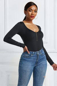 Thumbnail for Half Zip Scoop Neck Long Sleeve Bodysuit - T - 10 COLORS -