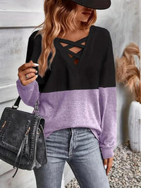 Thumbnail for Contrast Crisscross V-Neck Long Sleeve Top - T - 3 COLORS -