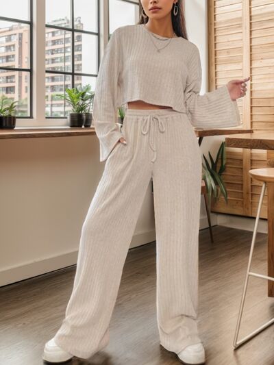 Ribbed Round Neck Top and Drawstring Pants Set - 2 PCS. - T - 7 COLORS -