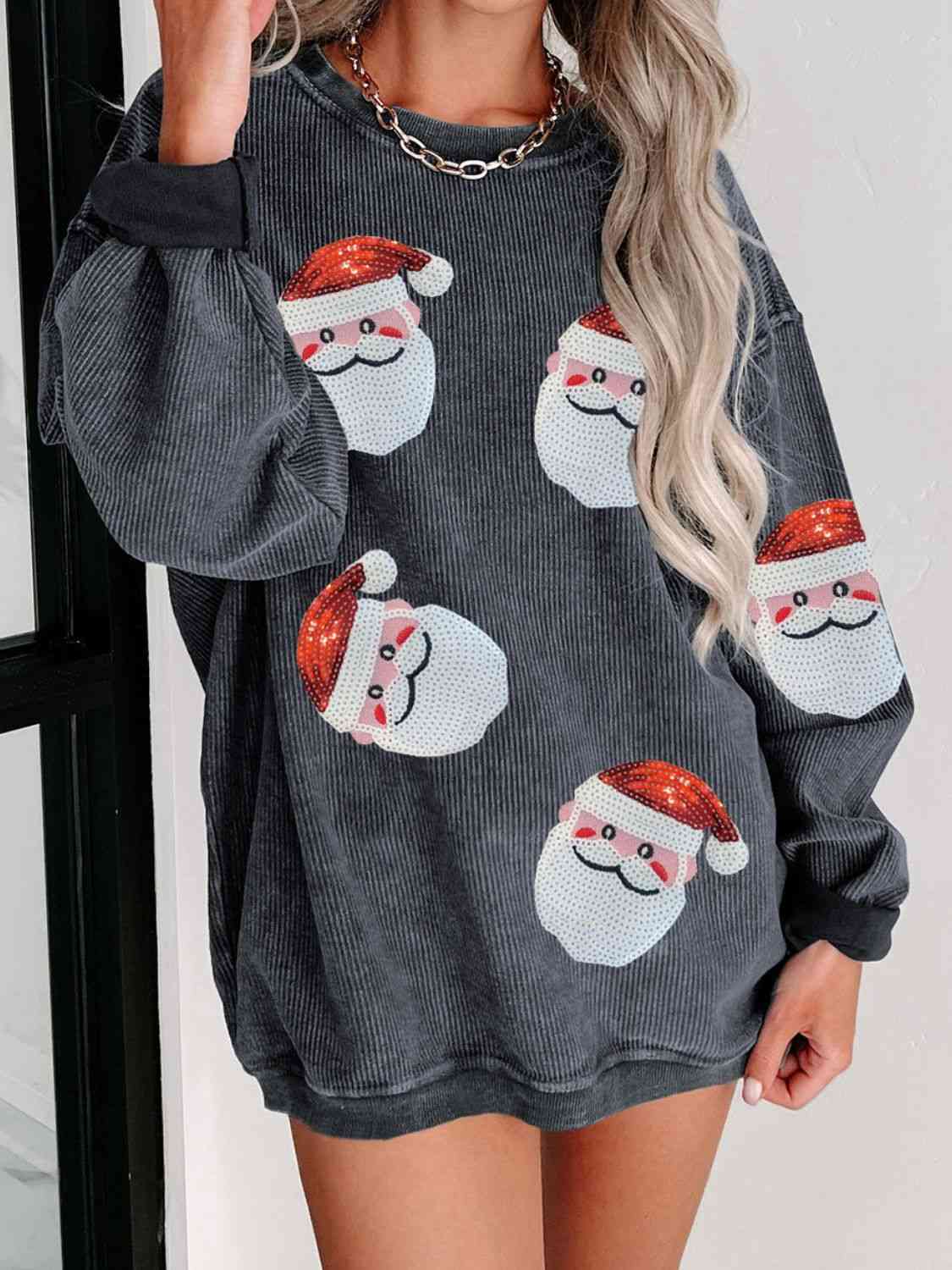 Sequin Santa Patch Ribbed Sweatshirt - T - 2 COLORS -