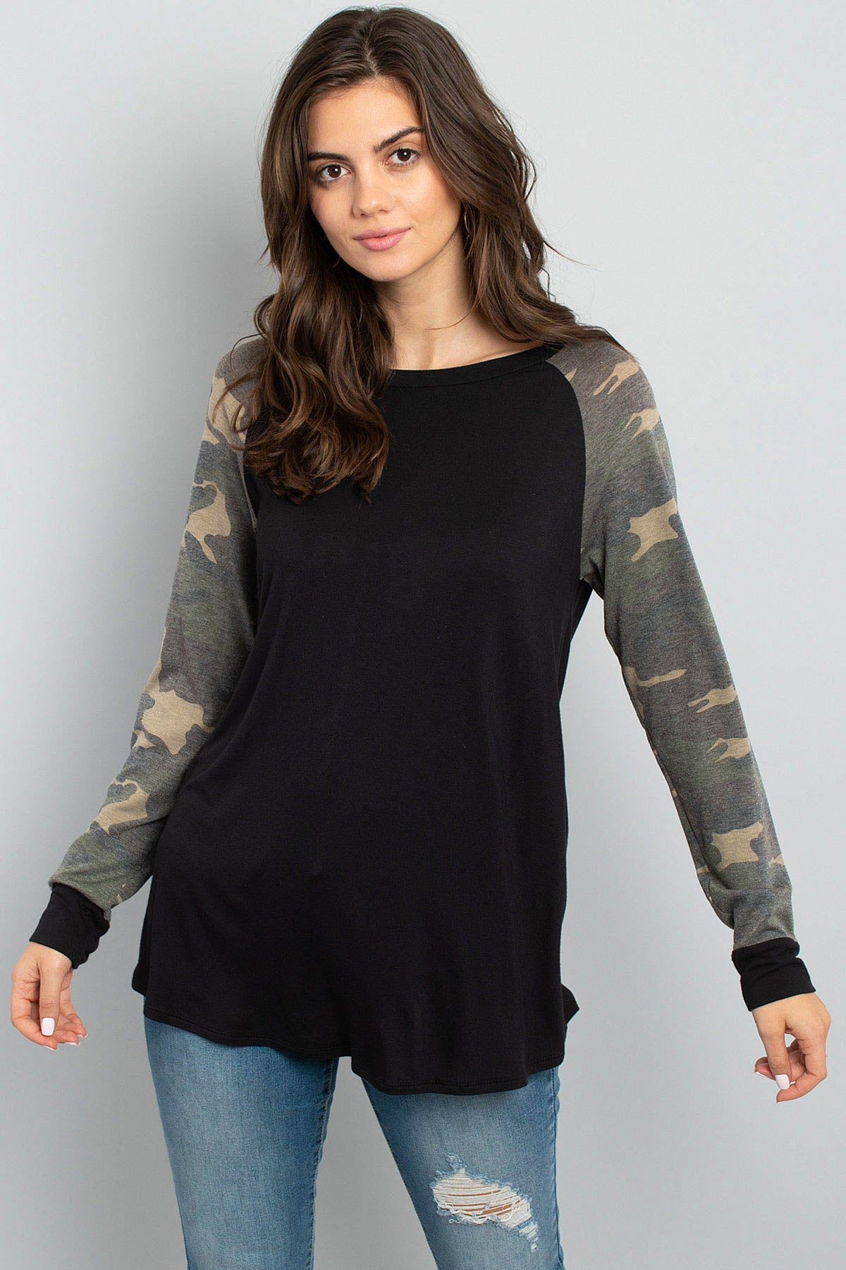 Riah Fashion - Camouflage Sleeved Round Hem Solid Knit Top - 1 COLOR -