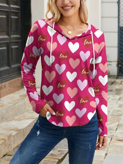 Heart Drawstring Dropped Shoulder Hoodie - T - 1 COLOR -