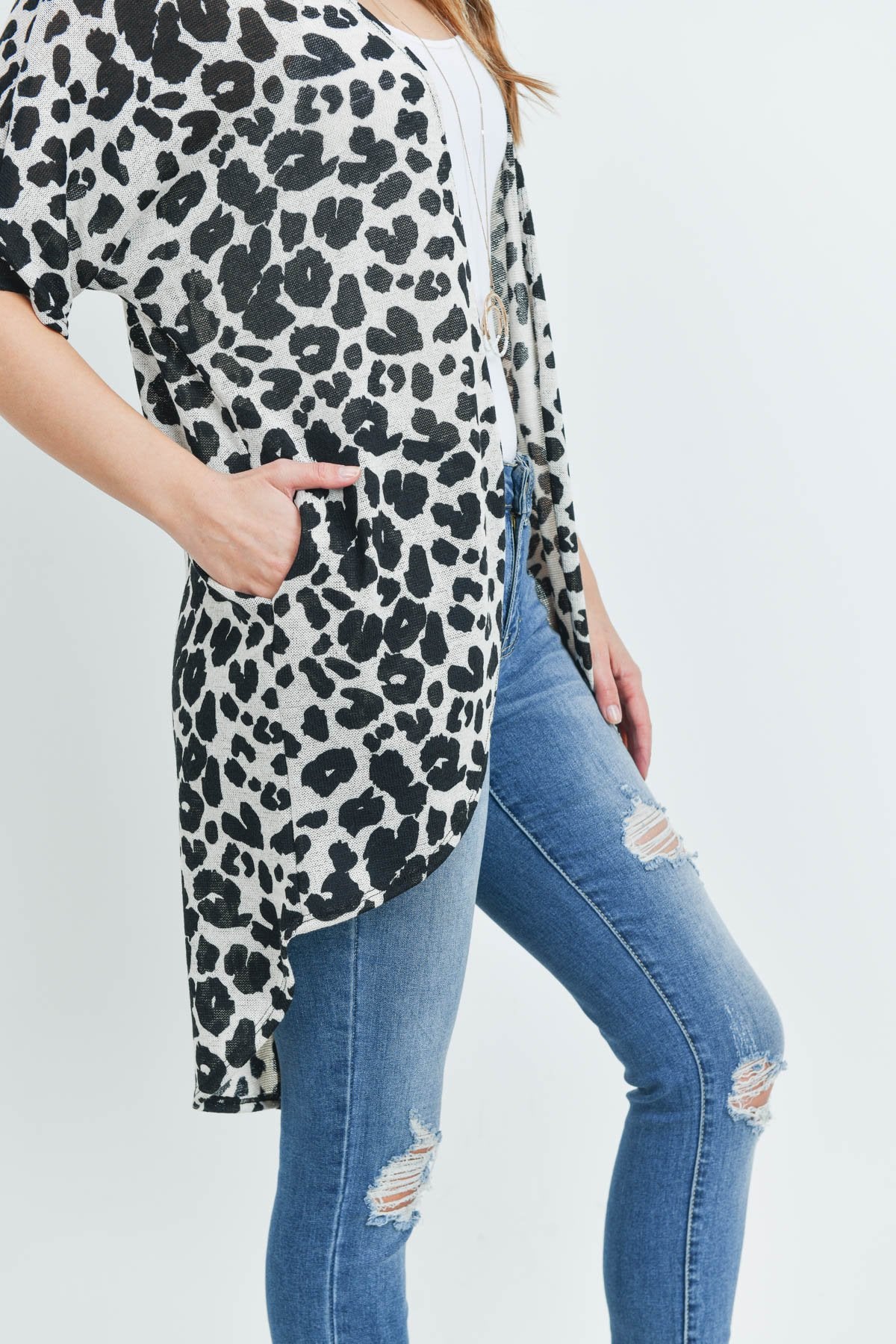 Riah Fashion - Leopard Short Sleeves Open Front Hi-Low Cardigan - 3 COLORS -