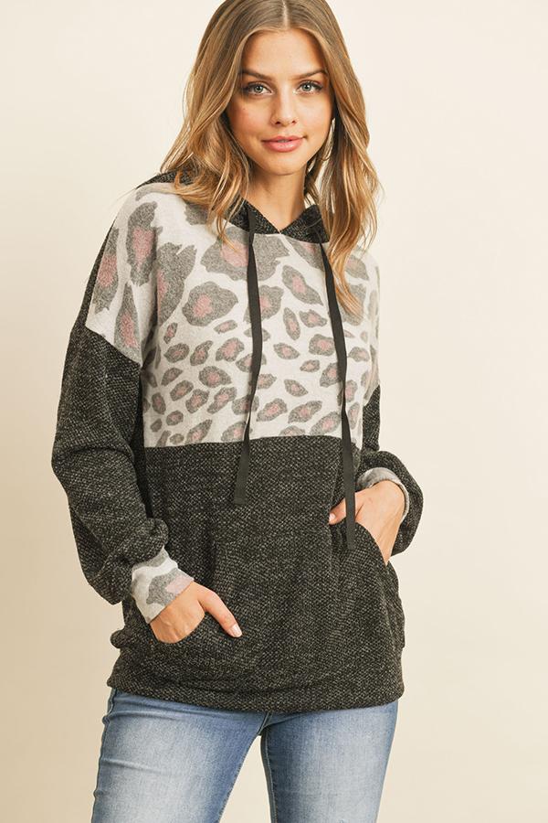 Riah Fashion - Animal Print Contrast Hoodie With Kangaroo Pockets - 2 COLORS -