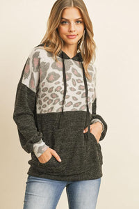 Thumbnail for Riah Fashion - Animal Print Contrast Hoodie With Kangaroo Pockets - 2 COLORS -