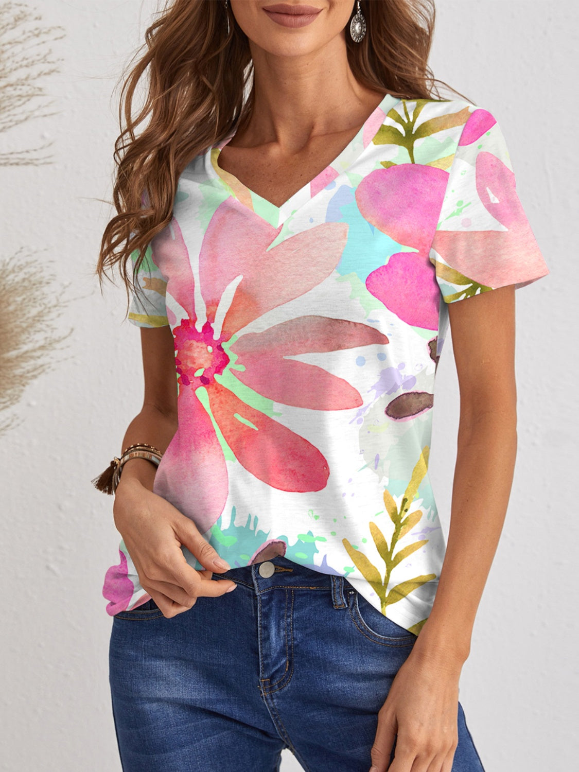 Printed V-Neck Short Sleeve T-Shirt - T - 1 COLOR -