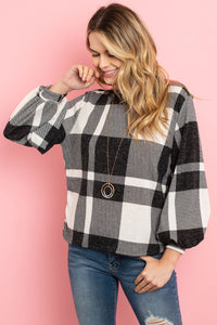 Thumbnail for Riah Fashion - Boat Neck Puff Sleeves Plaid Top - 3 COLORS -