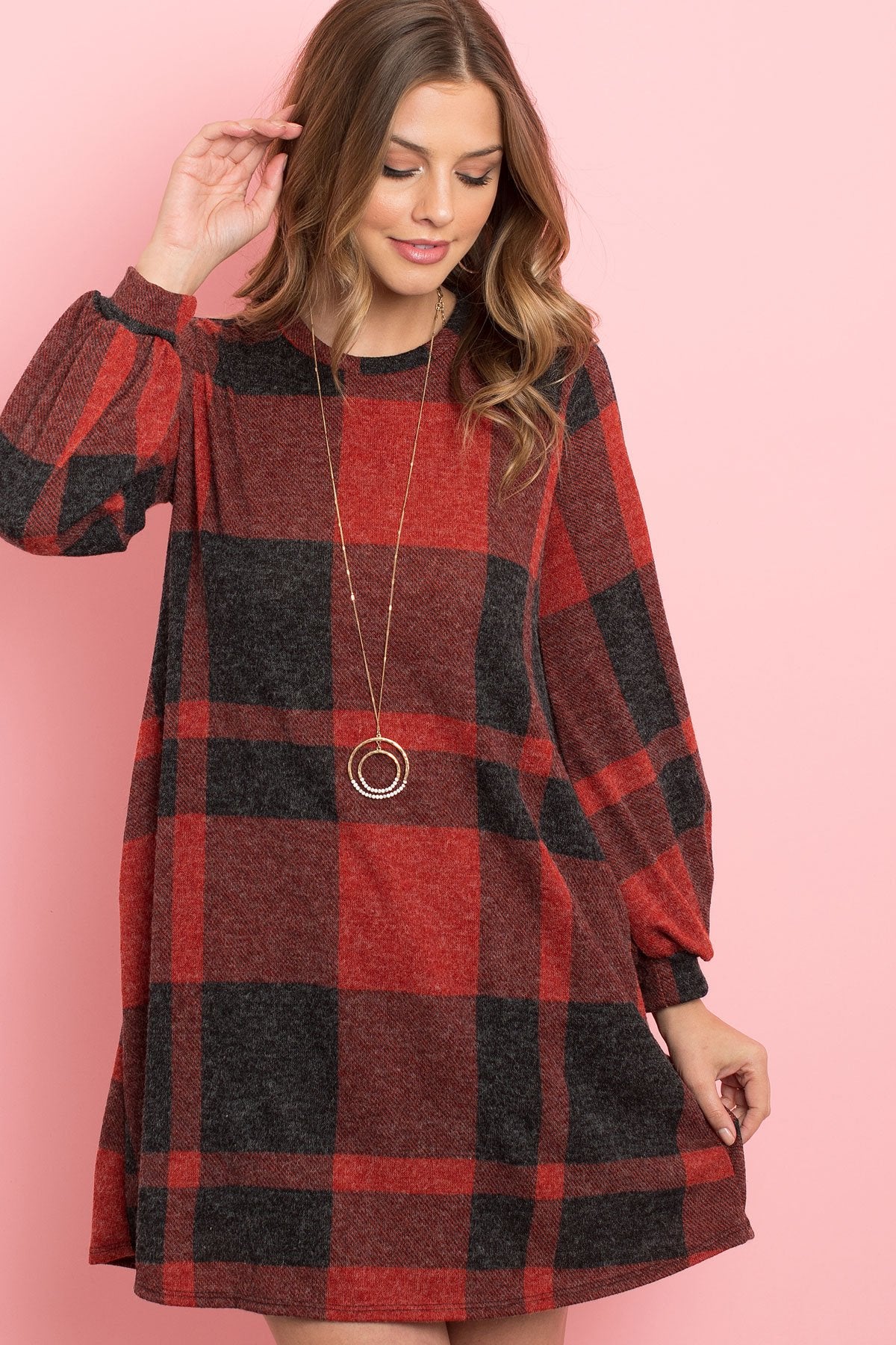 Riah Fashion - Round Neck Puff Sleeved Plaid Knee Length Dress - 3 COLORS -