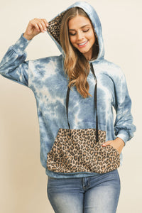 Thumbnail for Riah Fashion - Tie Dye Long Sleeve Leopard Contrast Pocket Hoodie With Drawstrings - 1 COLOR -