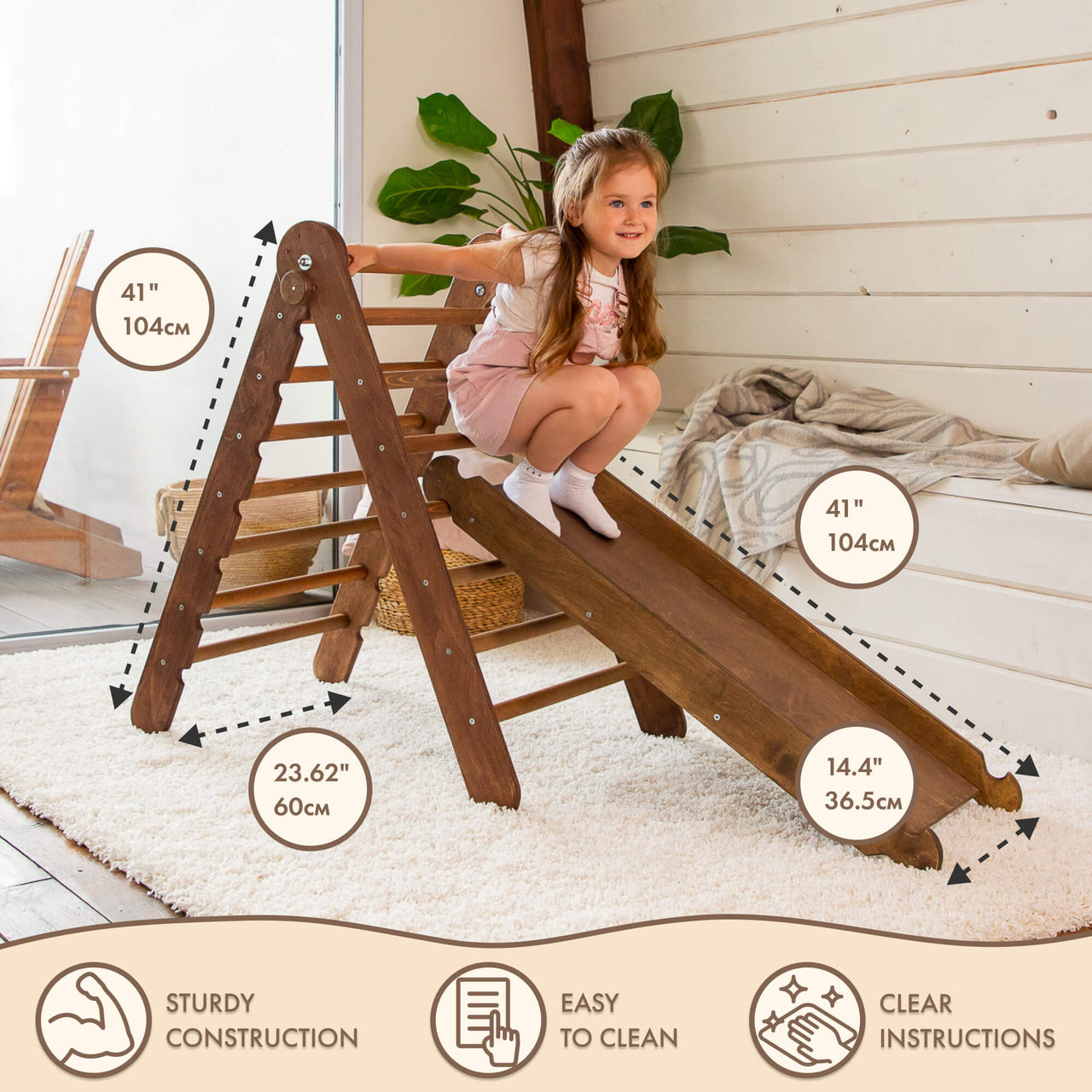 2in1 Montessori Climbing Frame Set: Triangle Ladder + Slide Board/Ramp – Chocolate