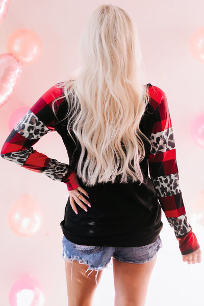 Plaid Leopard Heart Round Neck T-Shirt - T - 1 COLOR -