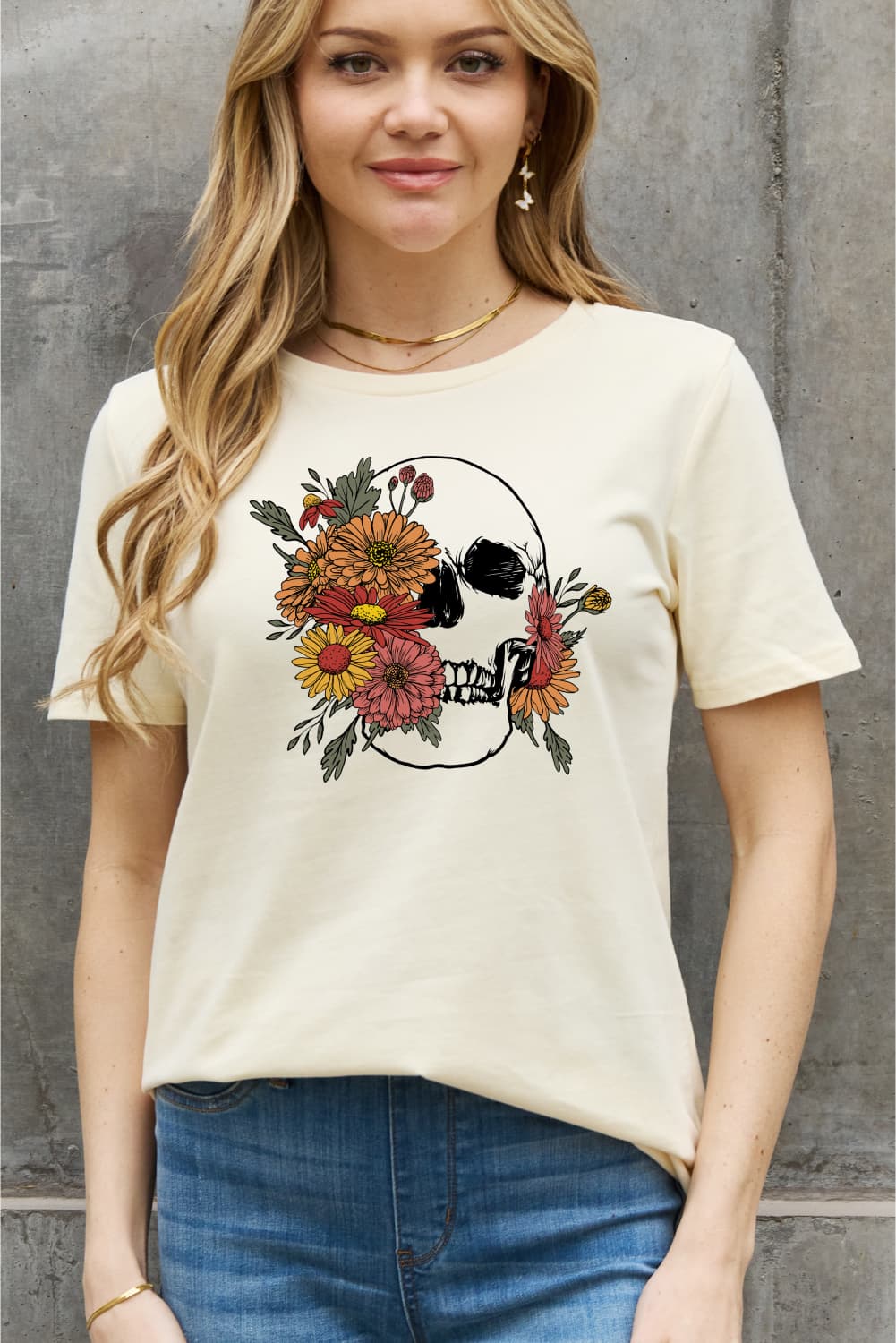 Simply Love Full Size Flower Skull Graphic Cotton Tee - T - 2 COLORS -