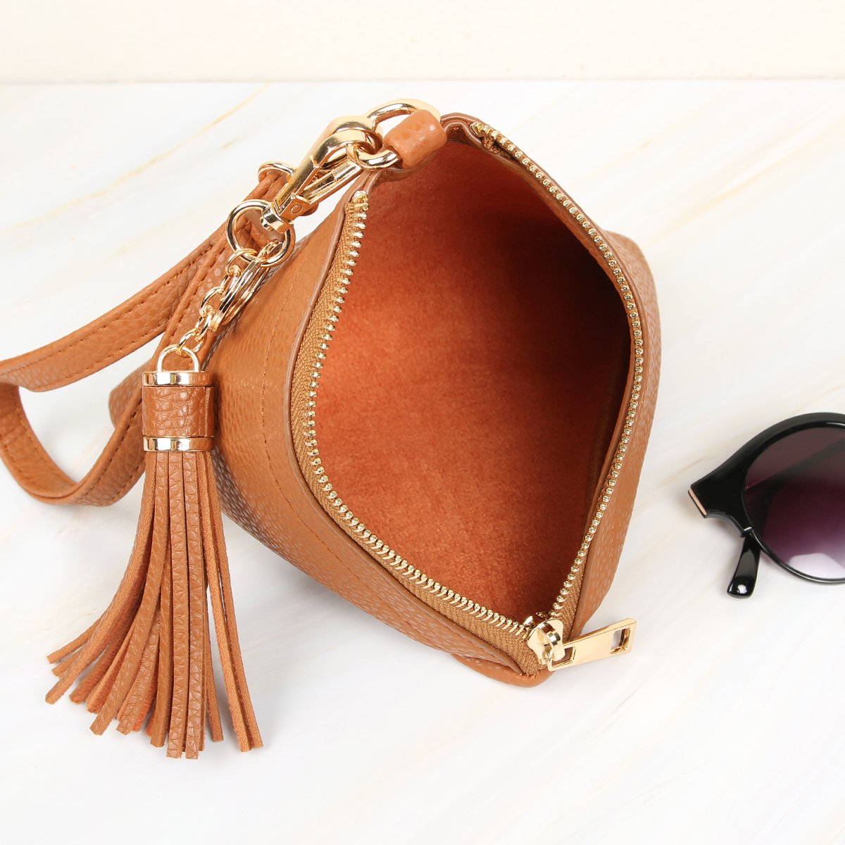 Riah Fashion - Pyramid Shape Tassel Wristlet Leather Bag - 15 COLORS -