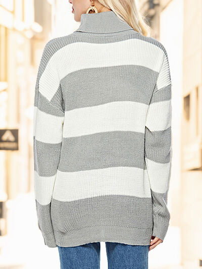 Striped Turtleneck Long Sleeve Sweater - T - 3 COLORS -