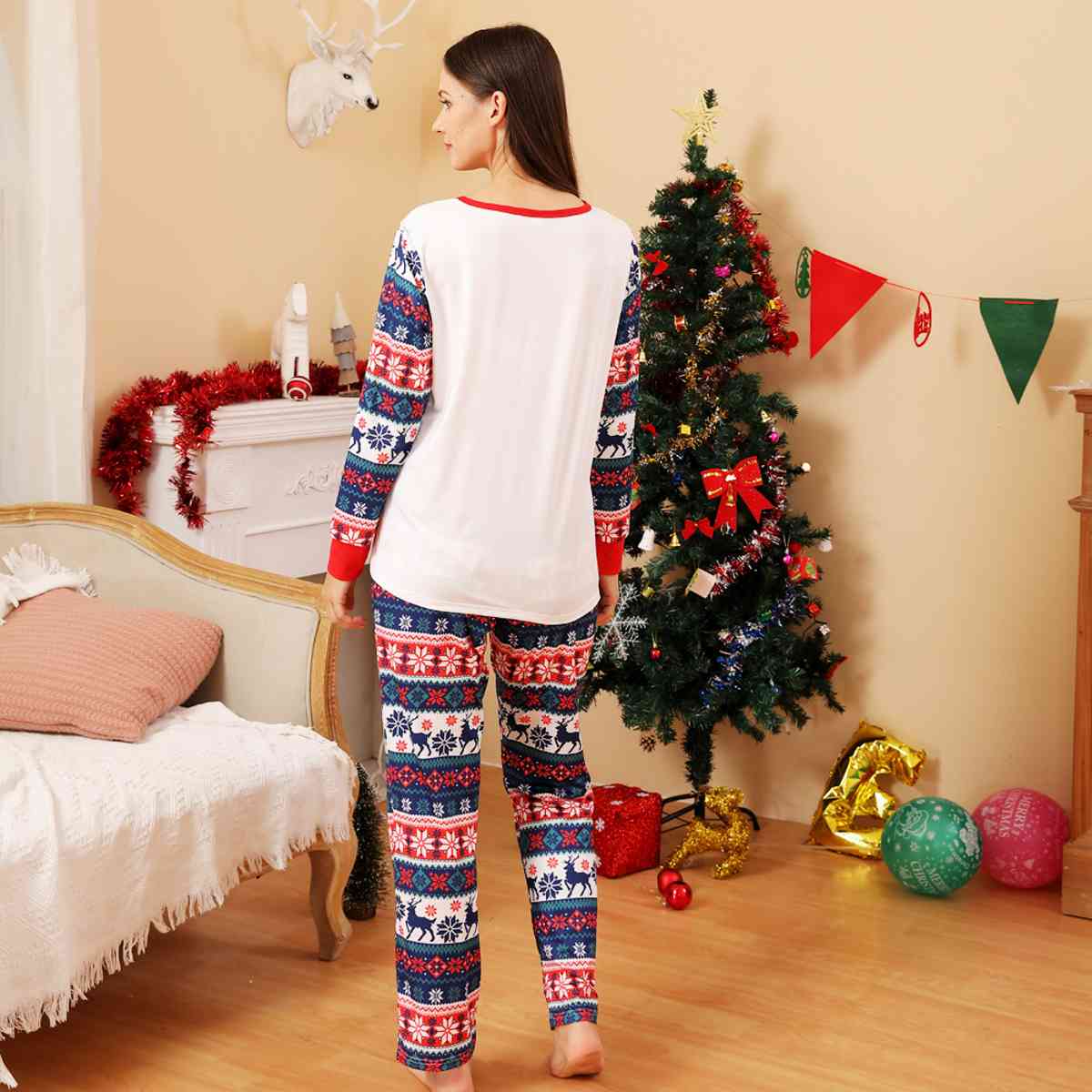 WOMEN MERRY XMAS Reindeer Graphic Top and Pants Set - T -