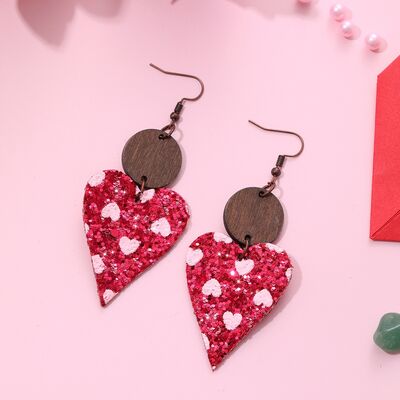 Faux Leather Iron Hook Sequin Heart Earrings - T - 1 COLOR -