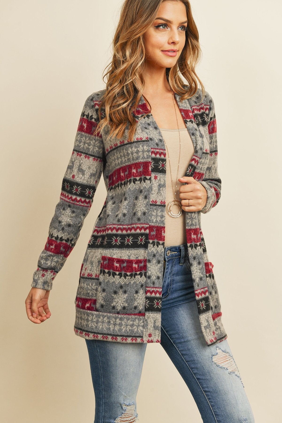 Riah Fashion - Boho Print Long Sleeved Front Pocket Open Cardigan - 2 COLOR COMBOS -