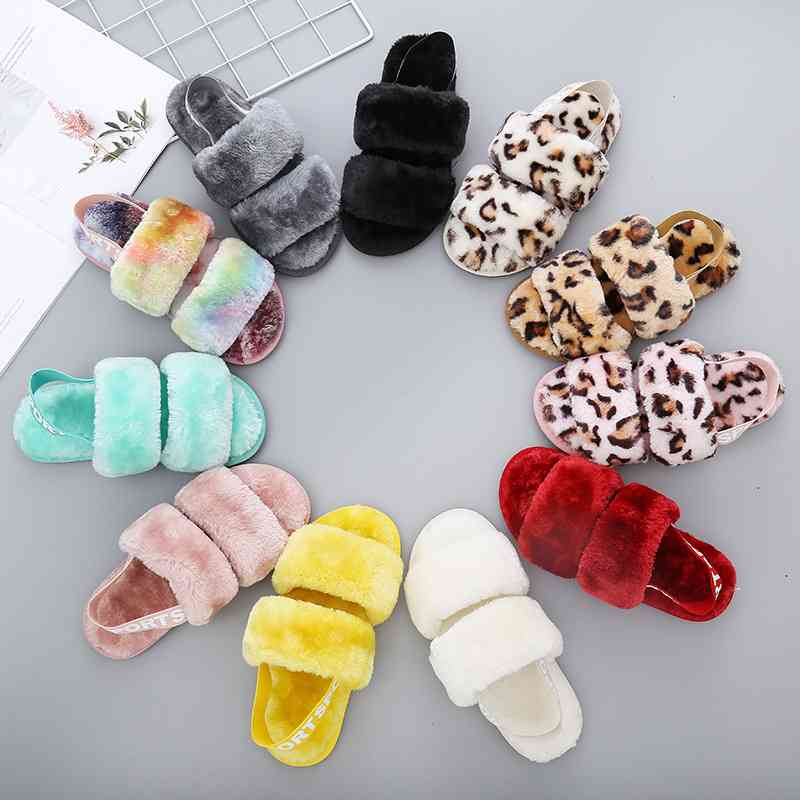 Faux Fur Open Toe Slippers - T - 10 COLORS/PATTERNS -