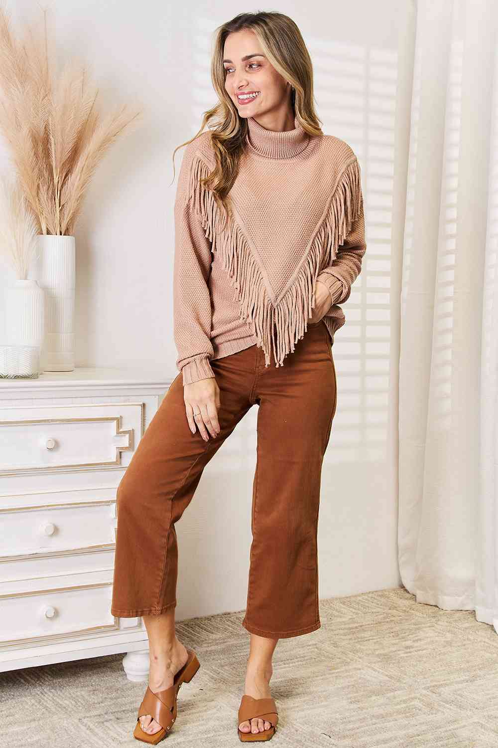 Woven Right Turtleneck Fringe Front Long Sleeve Sweater - T - 1 COLOR -