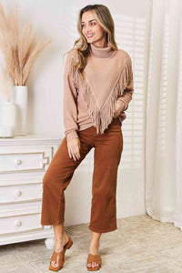 Thumbnail for Woven Right Turtleneck Fringe Front Long Sleeve Sweater - T - 1 COLOR -