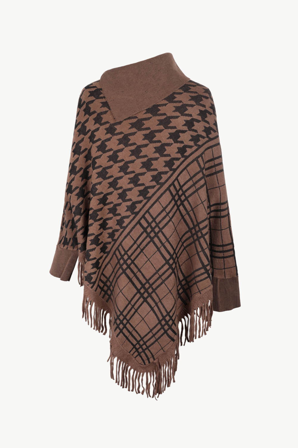 Houndstooth Turtleneck Fringe Hem Poncho - T - 5 COLORS -