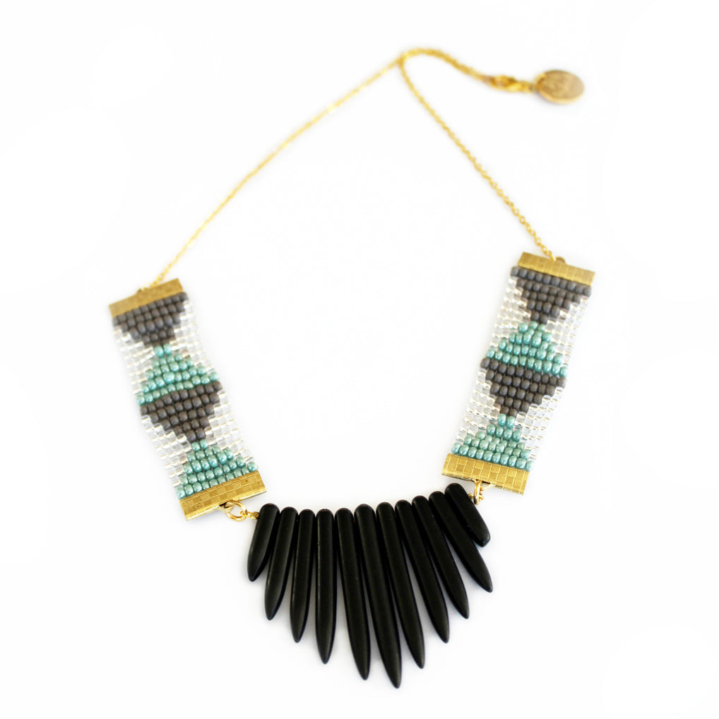 Shh by Sadie - Adorn Spike Necklace - Grey and Green With Black Spikes -