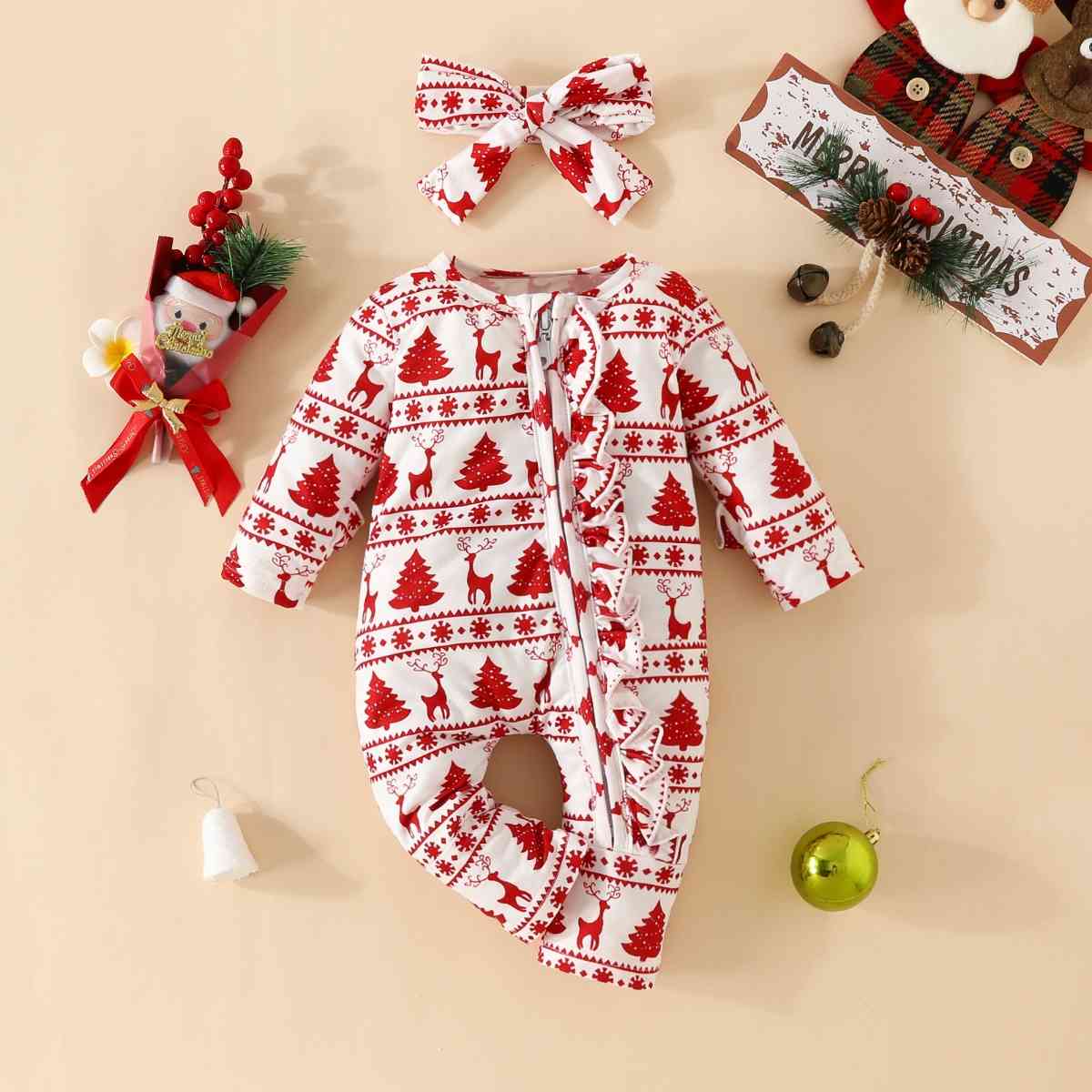 BABY Christmas Zip Detail Ruffled Jumpsuit with Headband - 2 PCS. - T - 1 COLOR -