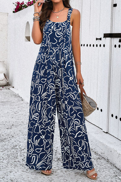 Printed Wide Strap Jumpsuit with Pockets - T - 4 COLORS -