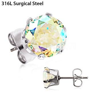 Pair of 316L Stainless Steel Aurora Borealis Round CZ Stud Earrings -