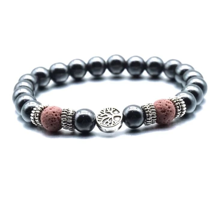 Pink Tree of Life Lava Stone Metal Bracelet -