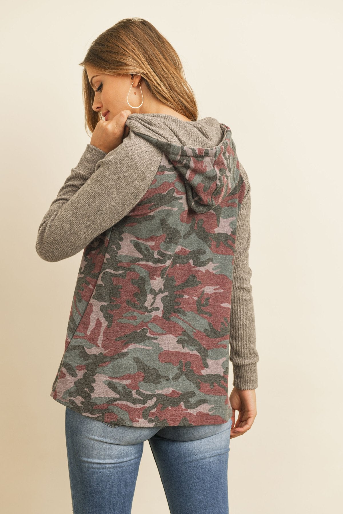 Riah Fashion - Self Tie Rib Hacci Brushed Sleeve Camouflage Hoodie - 2 CAMOS -