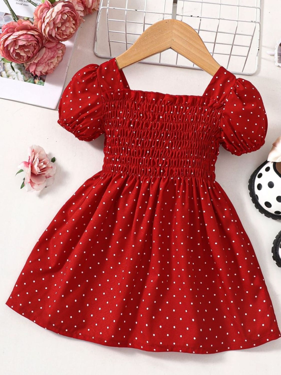 Baby Girl Printed Square Neck Smocked Dress - T - 5 SIZES - 2 COLORS -