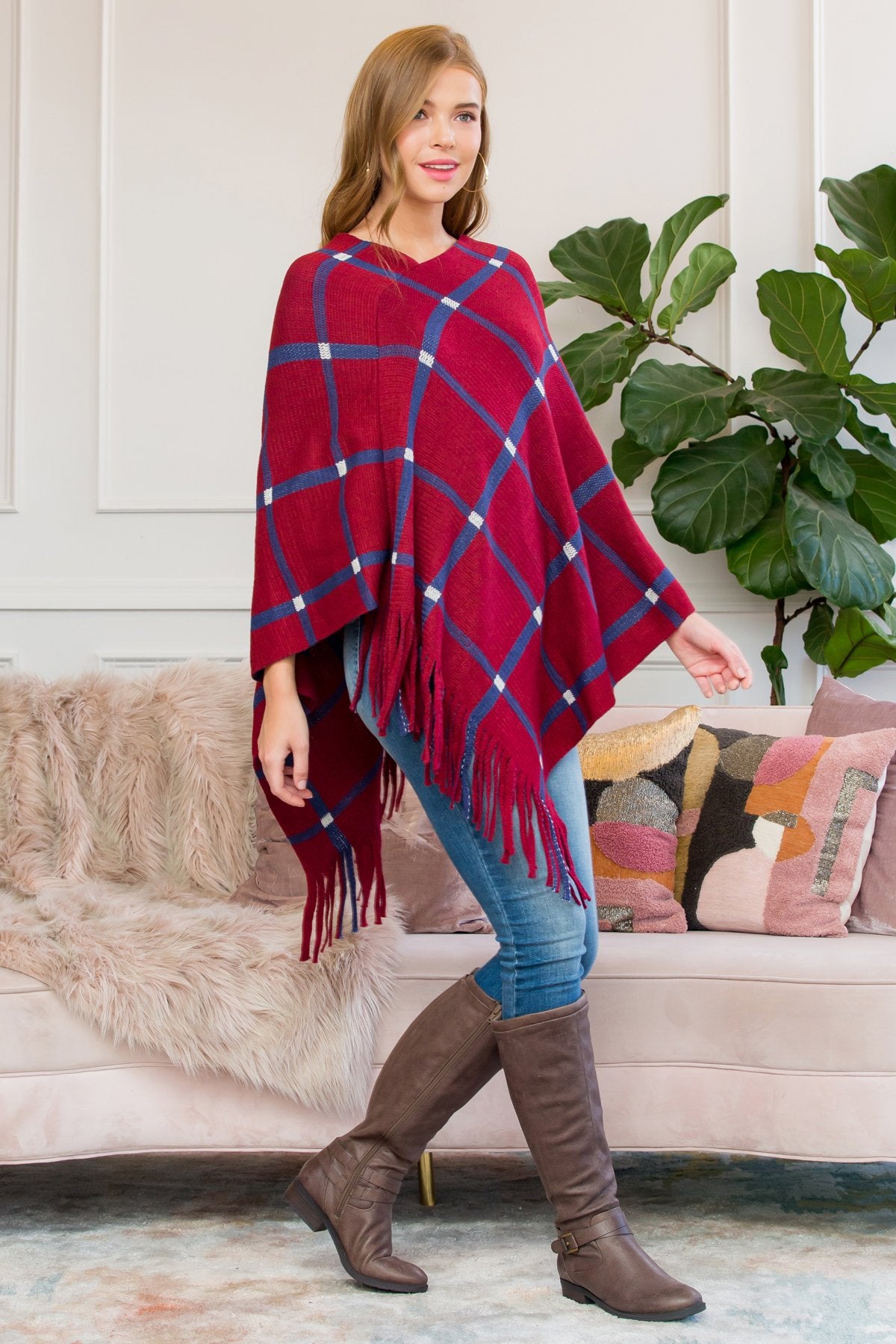 Riah Fashion - Burgundy Grid Lines Fringed Poncho - 1 COLOR -