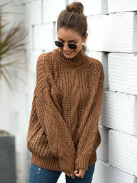 Thumbnail for Turtleneck Cable-Knit Dropped Shoulder Sweater - T - 5 COLORS -