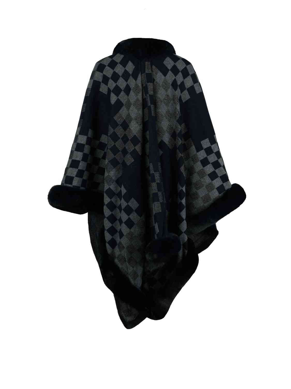 Checkered Faux Fur Trim Poncho - T - 5 COLORS -